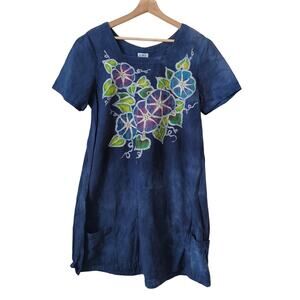 Color Me Cotton CMC Womens Dress Blue Tie Dye Floral Small Lagenlook Watercolor